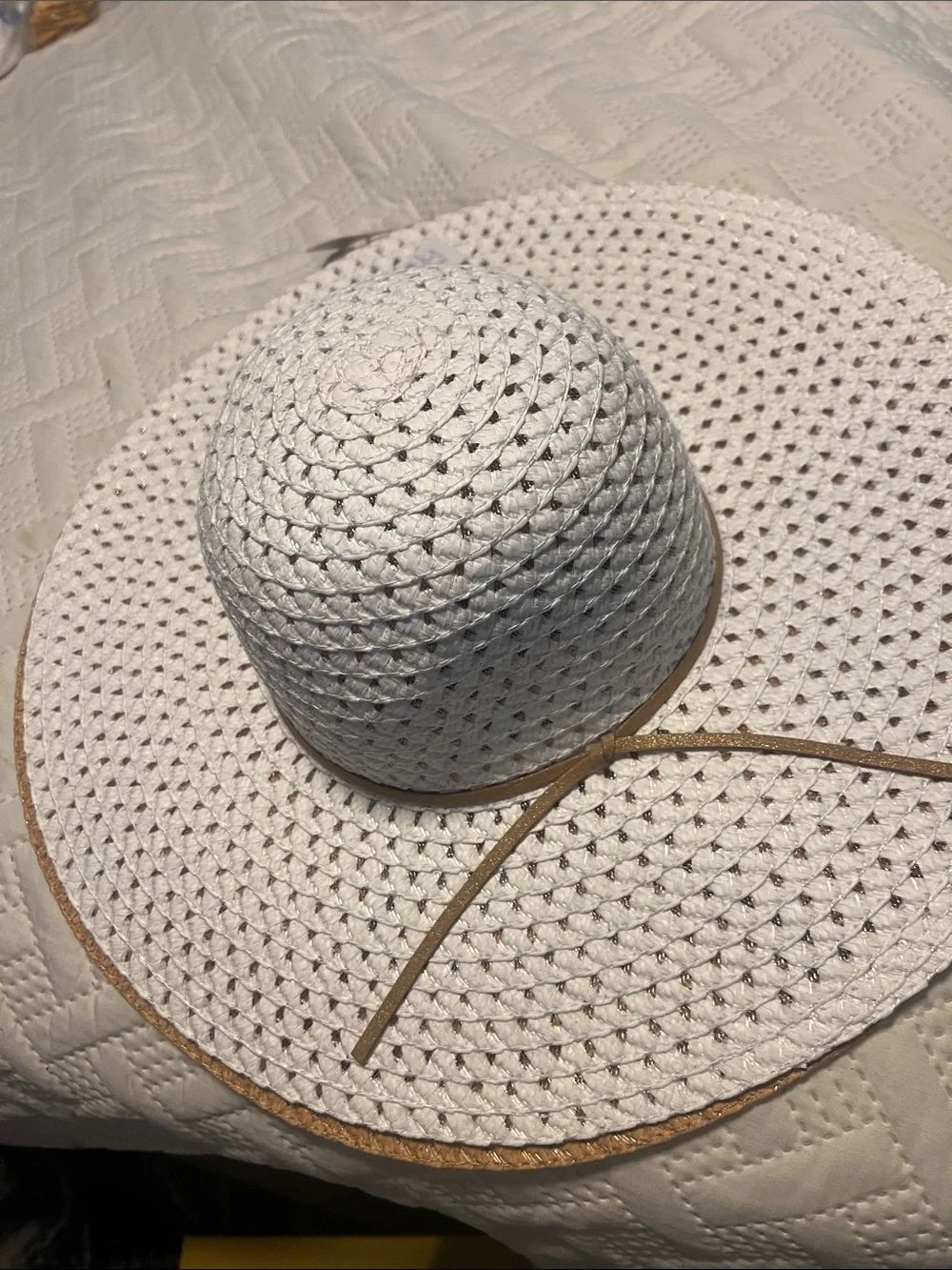 White Straw Sun Hat with Tan Trim